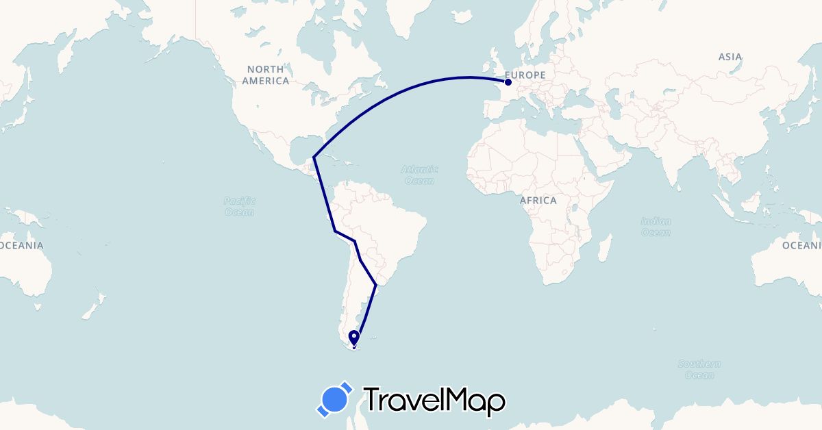 TravelMap itinerary: driving in Argentina, Bolivia, France, Mexico, Peru (Europe, North America, South America)