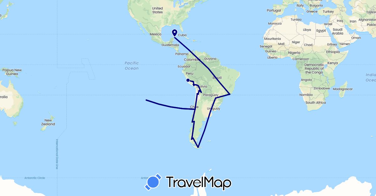 TravelMap itinerary: driving in Argentina, Bolivia, Brazil, Chile, Mexico, Peru (North America, South America)
